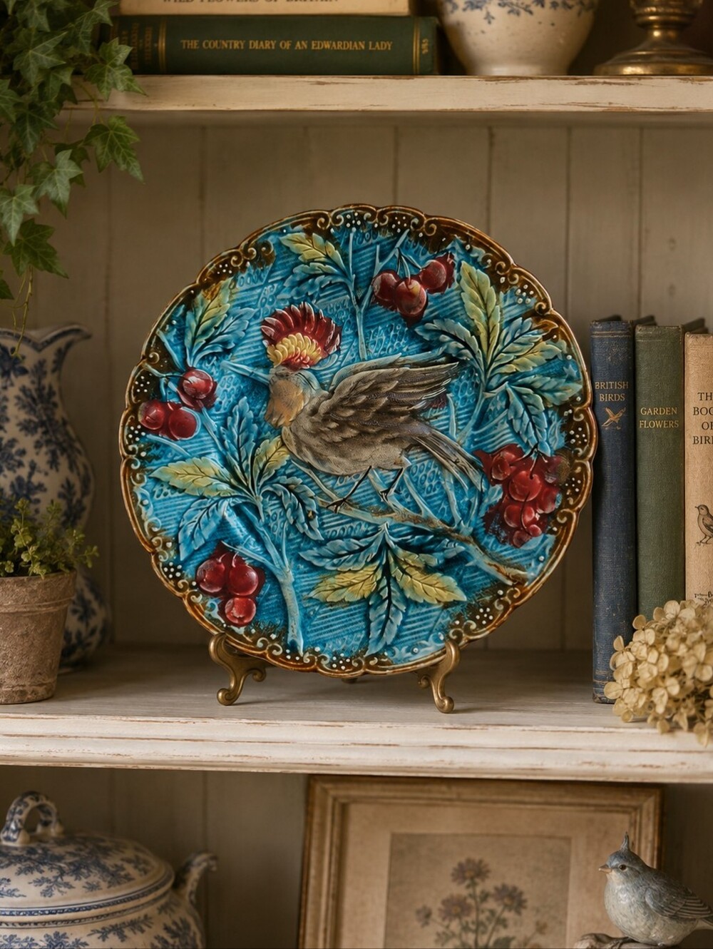 Belgian Majolica Decorative plate Wasmuel Bird Cherries Antique